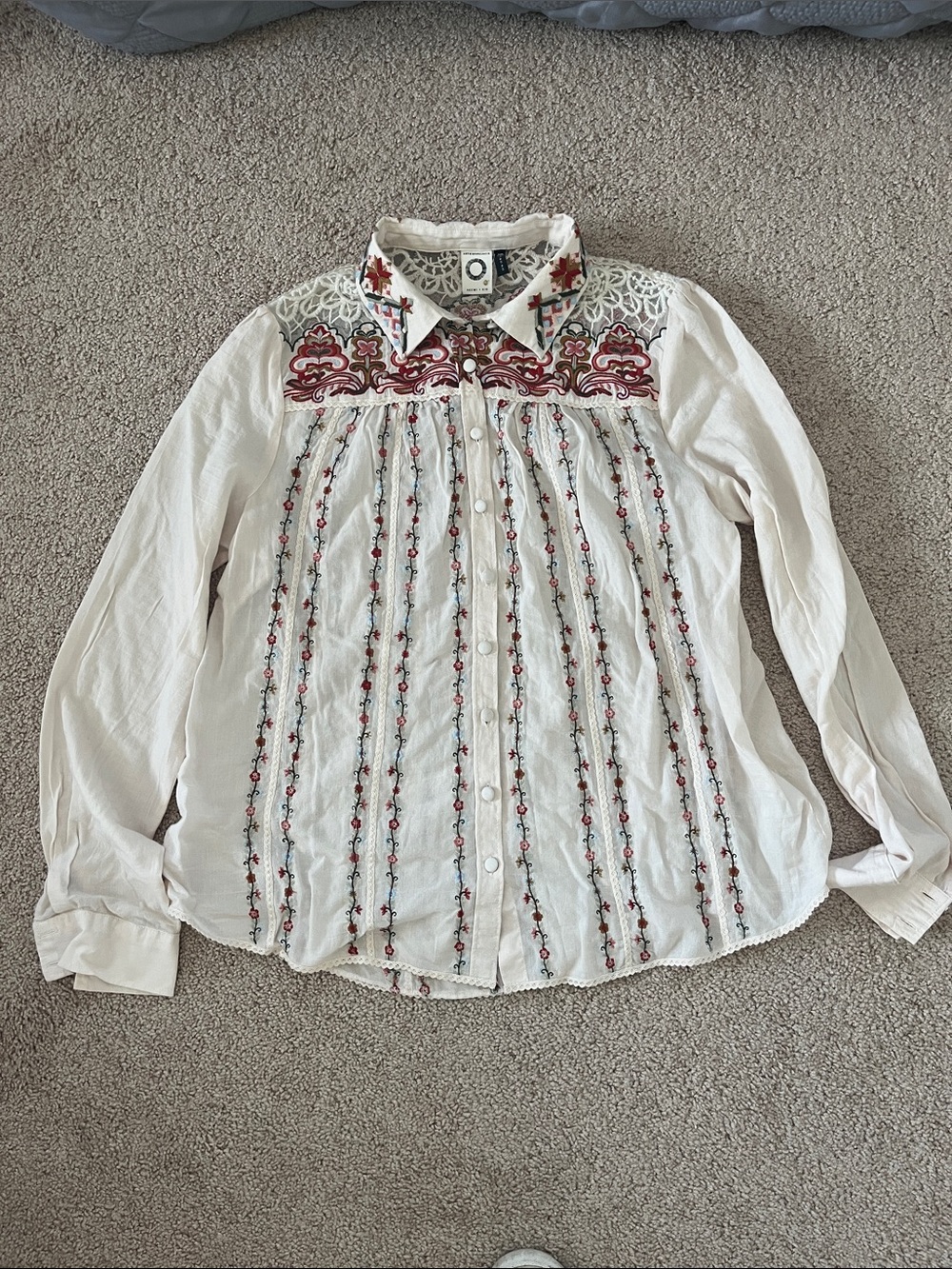 Anthropologie White Button-Down Blouse with Red Embroidery